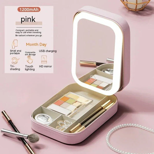 Portable Makeup Storage Box with LED Light Mirror (UAE Delivery Time: 1-3 Days)